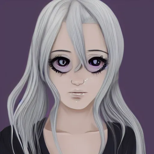 Image similar to young woman with long wavy ashen silver hair, with blackness instead of eyes, anime