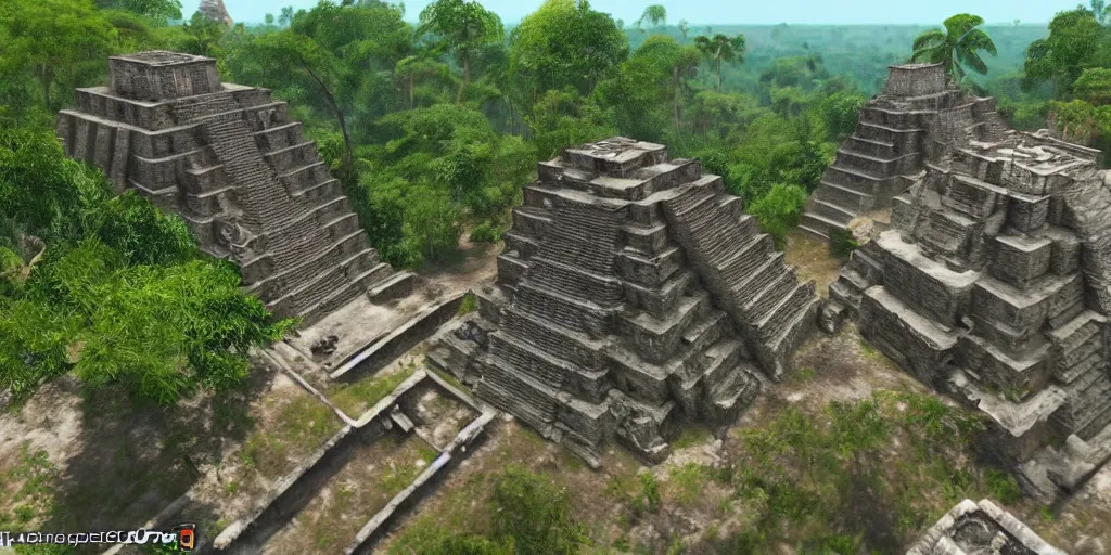 Image similar to mayan city of tikal if it was a game like grand theft auto v first person view, with realistic visuals and award winning gameplay, graffiti