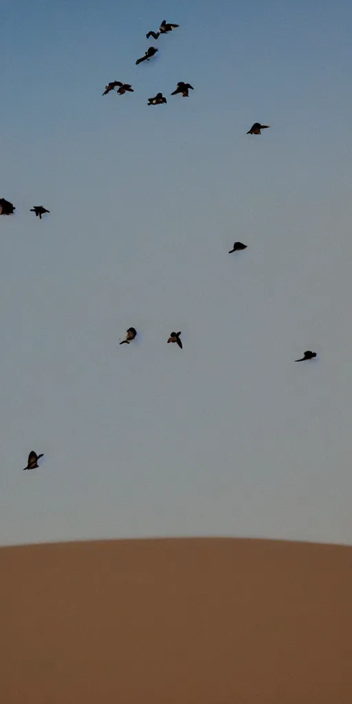 Prompt: Birds flying out of a Vase in the sand desert, 40nm, shallow depth of field, split lighting, 4k,
