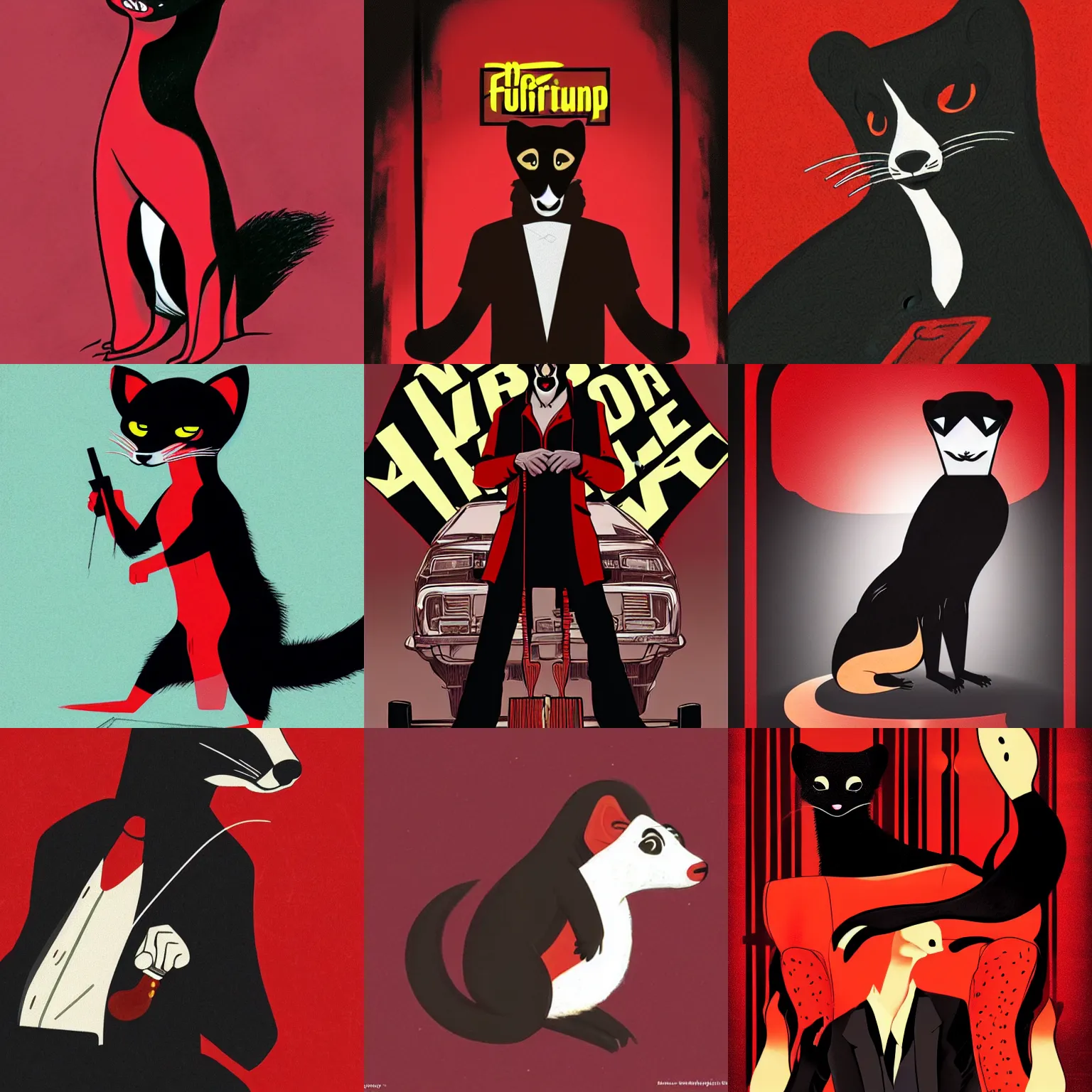 Prompt: red - and - black weasel / stoat fursona, neo - noir setting, pulp fiction cover style