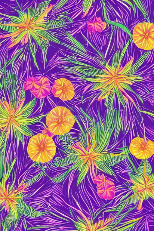 Image similar to Intricate detailed vector illustration of widel spaced tropical flowers and green reeds, multiple cohesive colors ranging from warms purples to bright oranges on a ((clearly visible very dark background)), 4K resolution