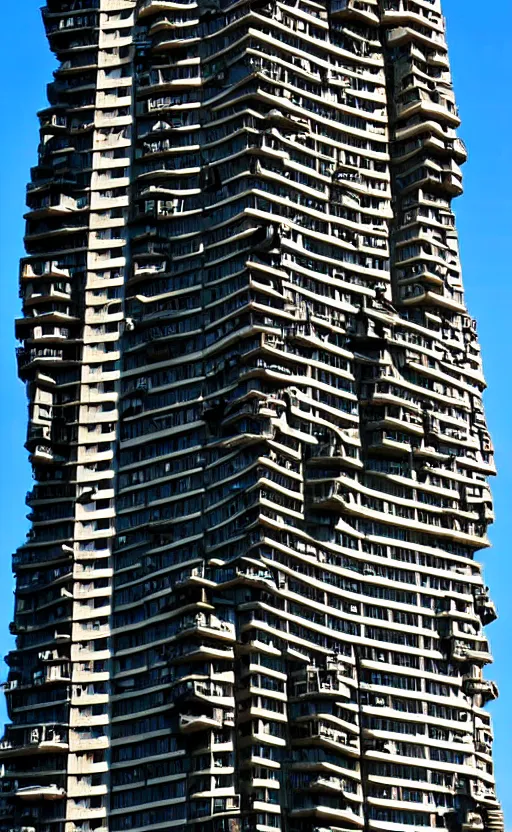 Prompt: giant monster with apartment in its chest, humans looking out from the windows embedded in the monster's chest, living apartment building, apartment building in the shape of a monster, monster made of apartment building