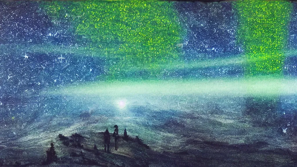 Image similar to night time visionary mixed media of a nocturnal brocken spectre in the sky, sky filled with stars, starlight, moonlight, above the mystical green hill, occult, immanence, awe sublime, volumetric lighting, with some silhouettes of hikers in the distance