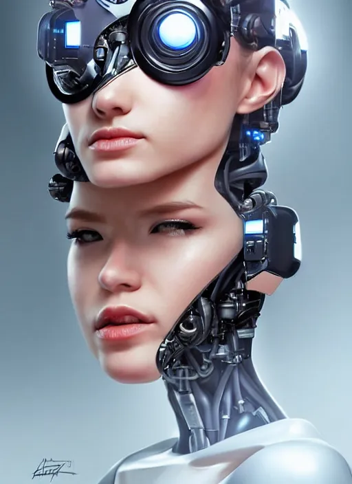 Prompt: portrait of a cyborg woman who turns her head to the ((((((right))))) left+1 (((((up))))) (((((down))))) by Artgerm,eyes closed , biomechanical, hyper detailled, trending on artstation
