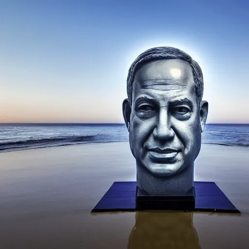 Image similar to a giant benjamin netanyahu head sculpture in the sea made out of jelly, long shot, hyper detailed, hyper realistic, ray tracing, 8 k resolution, sharp focus, realistic water, award winning