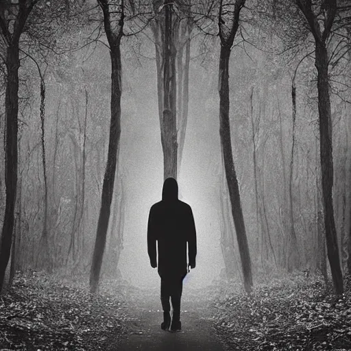 Image similar to old photograph of an alien walking through an eerie forest