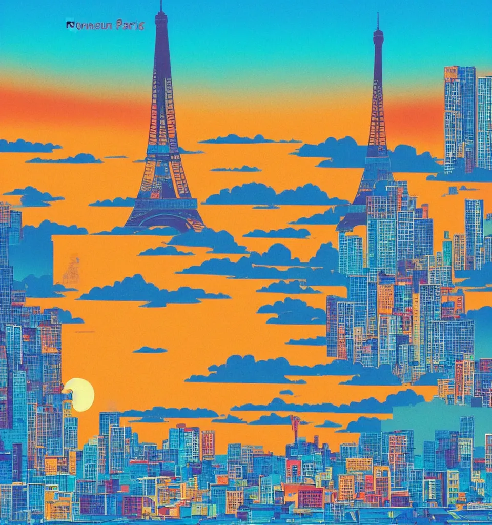 Image similar to gorgeous romantic sunset, cliffside onlooking the beautiful city of paris, warm colors, tropical, in the style of hiroshi nagai, very detailed, tropical, 8 0 s