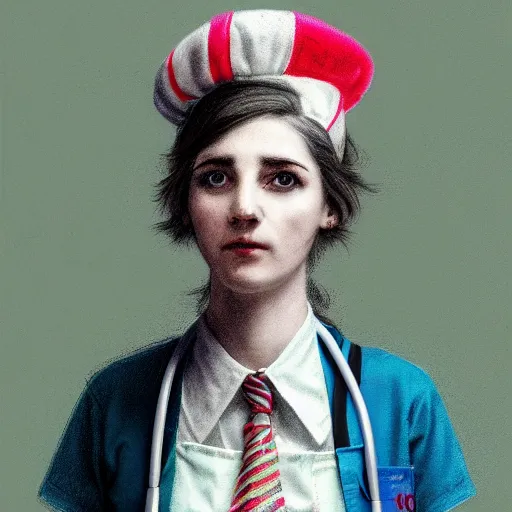 Image similar to clowncore pastel punk young hospital nurse wearing stylish uniform. detailed, portrait, 8 k, artwork by jean - baptiste monge