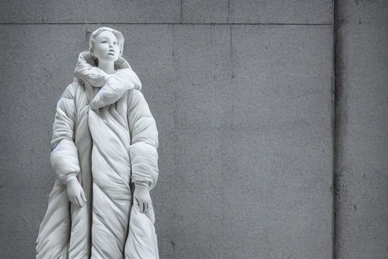 Image similar to well lit fashion shoot portrait of extremely beautiful female marble statue wearing huge over size puffer jacket by dingyun zhang, yeezy, balenciaga, vetements, a cold wall, sharp focus, clear, detailed,, cinematic, detailed, off white, glamourous, symmetrical, vogue, editorial, fashion, magazine shoot, glossy