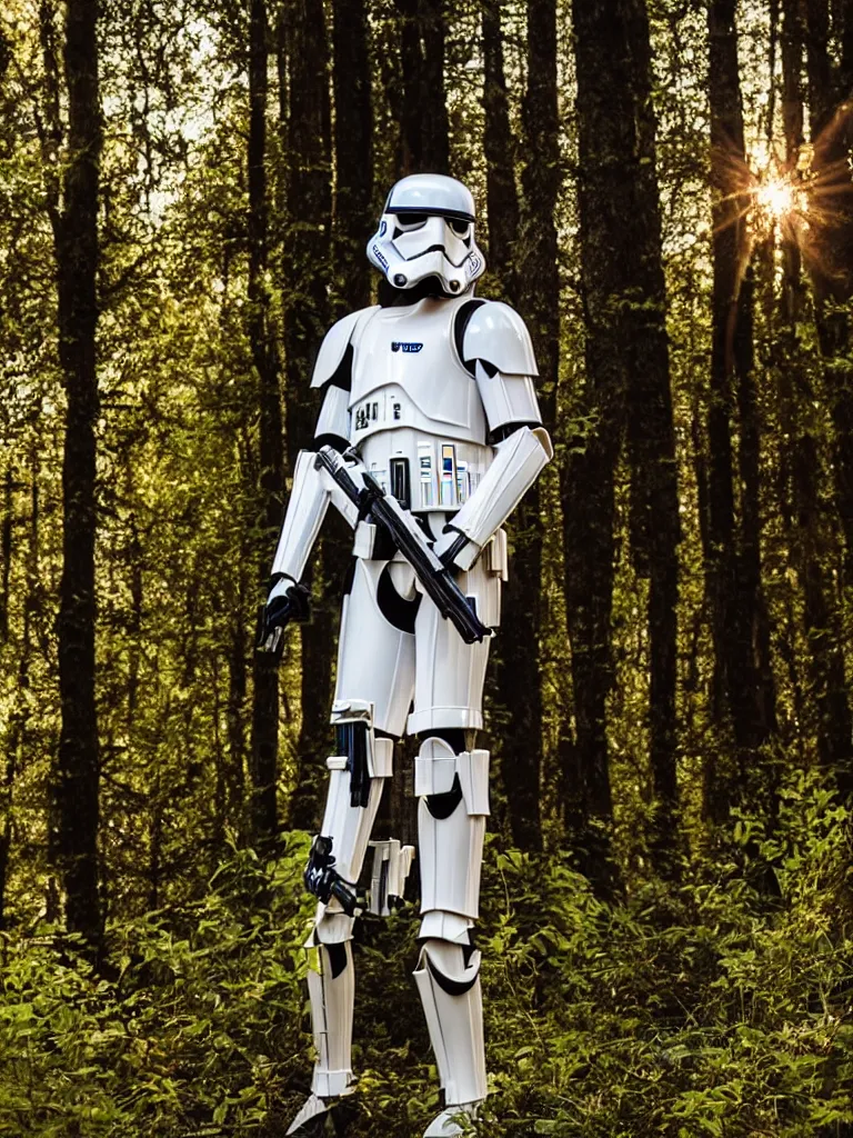 Prompt: “still of a stormtrooper with colors and markings of R2-D2, standing in the forest, golden hour, high quality, sigma 55mm, full body shot”