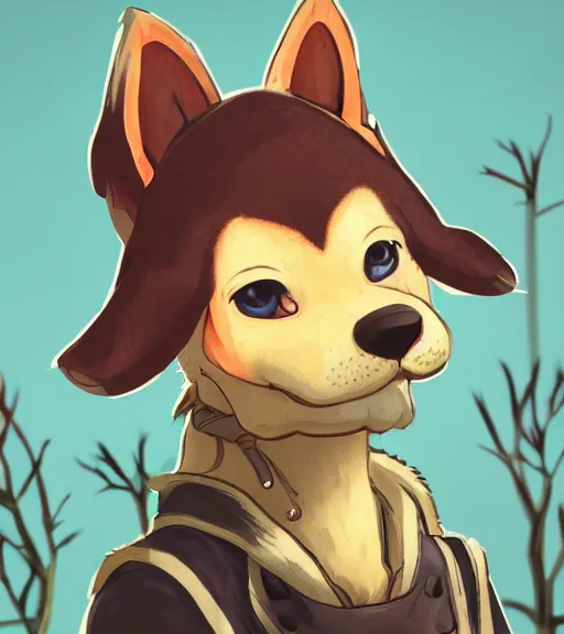 Prompt: close up character portrait icon of the anthro anthropomorphic very cute jindo dog trader head animal person fursona wearing clothes standing in the bright forest, hidari, color page, tankoban, 4 k, tone mapping, akihiko yoshida