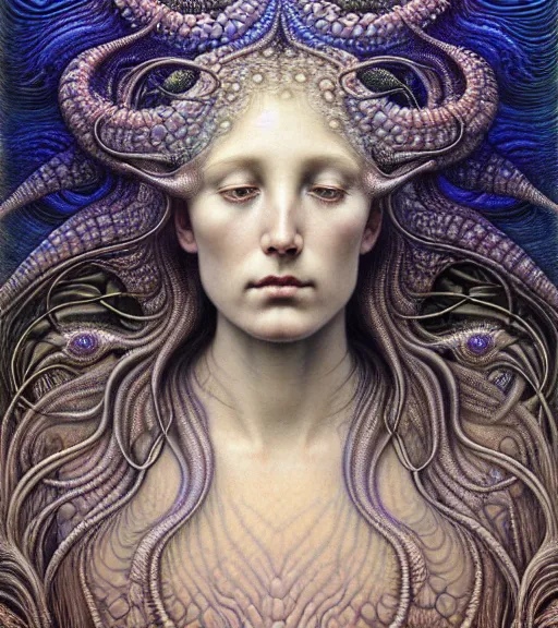 Image similar to detailed realistic beautiful opal goddess face portrait by jean delville, gustave dore, iris van herpen and marco mazzoni, art forms of nature by ernst haeckel, art nouveau, symbolist, visionary, gothic, neo - gothic, pre - raphaelite, fractal lace, intricate alien botanicals, biodiversity, surreality, hyperdetailed ultrasharp octane render