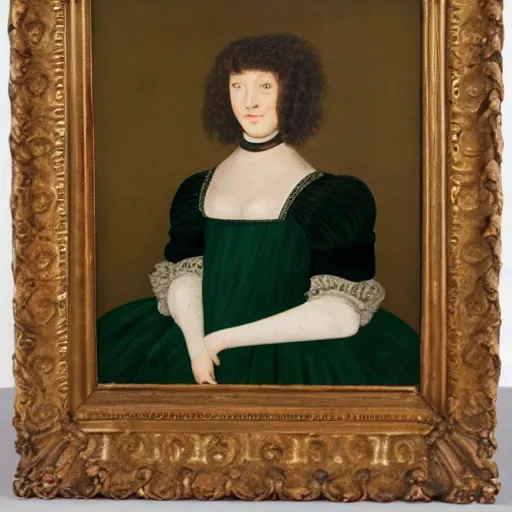 Image similar to young woman from the year 1 5 0 0, seated in front of a landscape background, her black hair is fine curly, she wears a dark green dress pleated in the front with yellow sleeves, puts her right hand on her left hand and smiles slightly, oil painting