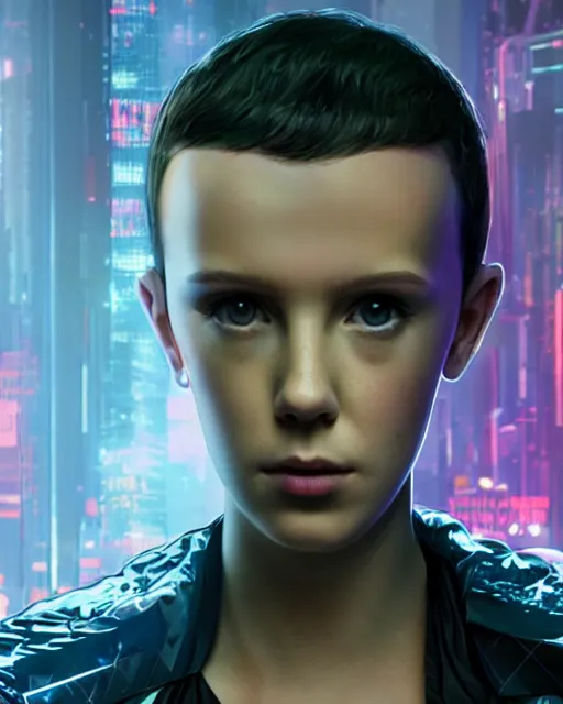 Prompt: portrait of cyberpunk millie bobby brown as a robot