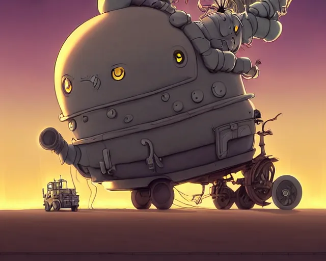 Prompt: a cell shaded cartoon giant grey lovecraftian mechanized grandma from howl's moving castle ( 2 0 0 4 ), with a big head, on a desert road, wide shot, sunset, golden hour, muted colors, post grunge, josan gonzales, wlop, by james jean, victor ngai, hq, deviantart, art by artgem