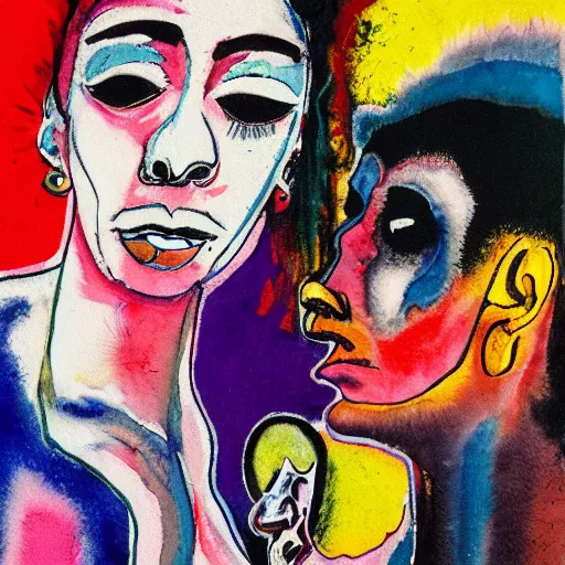 Prompt: watercolor painting of two bizarre psychedelic goth women kissing each other closeup in a aquarium in japan, speculative evolution, mixed media collage by basquiat and jackson pollock, maximalist magazine collage art, sapphic art, lesbian art, chemically damaged