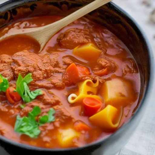 Prompt: emma watson inside a goulash soup bowl