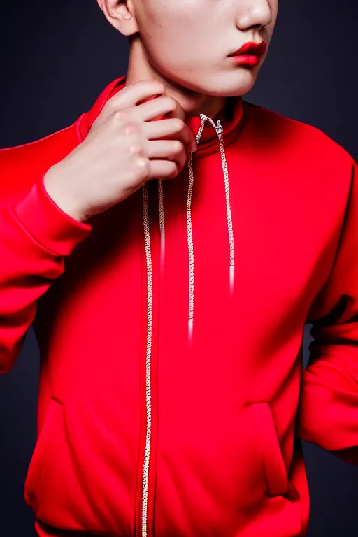 Prompt: model, wearing red acne tracksuit, luxury materials, symmetrical, cinematic, elegant, professional studio light, real dlsr photography, sharp focus, 4 k, ultra hd, sense of awe, high fashion