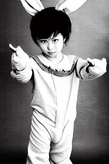 Image similar to attractive little boy wearing an bunny suit, black and white artwork made by kentaro miura