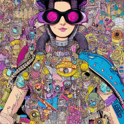 Prompt: hyper detailed comic illustration of a cyberpunk Princess Peach wearing a futuristic sunglasses and a gorpcore jacket, markings on his face, by Josan Gonzalez and Geof Darrow, intricate details, vibrant, solid background, low angle fish eye lens