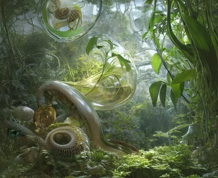 Image similar to simplicity, transparent clear see - through image of mollusks, lush botany, orchids, ferns, biomechanical environment, ultra realistic, concept art, photorealistic, octane render, 8 k, unreal engine. art by gustave dore and nori inoguchi and sam kaplan and zachary goulko and christopher marley and artgerm and alphonse mucha