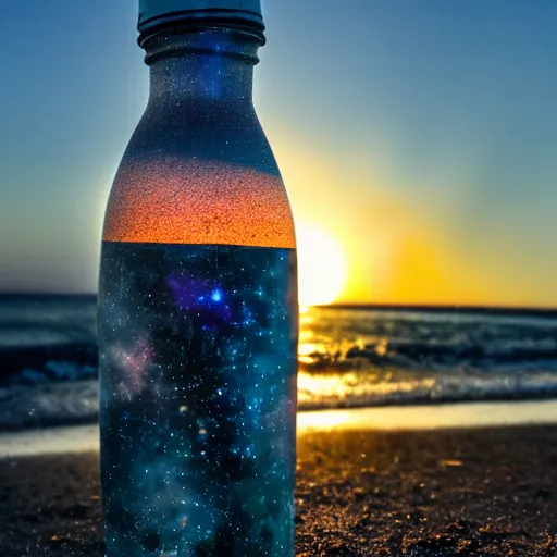 Image similar to a photo of a galaxy in a water bottle on the beach, sunset, award winning photography, 8k