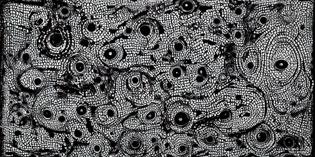Prompt: camo of eyes, technical, acrylic, teeth, eerie, tribal, clay, dots, lines, stipple, points, grid, cybernetic, old painting, francis bacon art, swirly eyes, hypnosis, eerie, terror, oil, neon, black and white, splotches