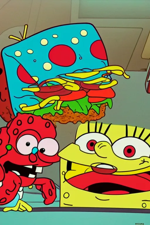 Prompt: sifi spongebob fight mr crabs for a burger