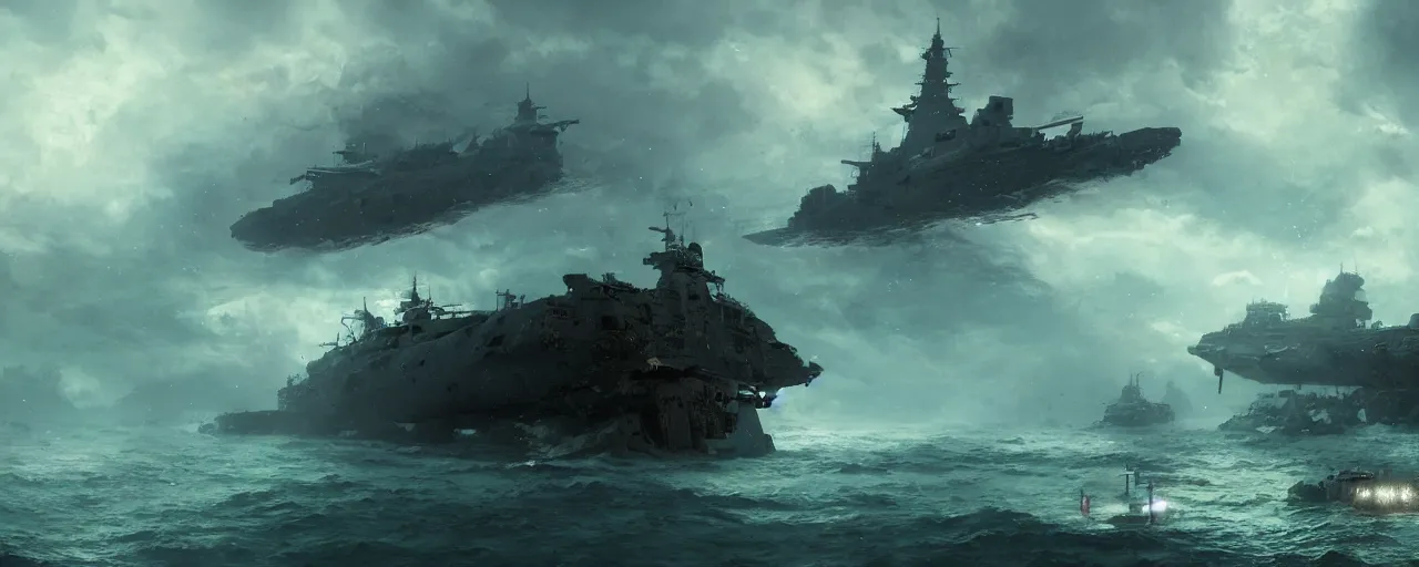 Image similar to battleship yamato wreck underwater, fantasy magical landscape, techno organic, 4 k, artstation, greg rutkowski, concept art, matte painting