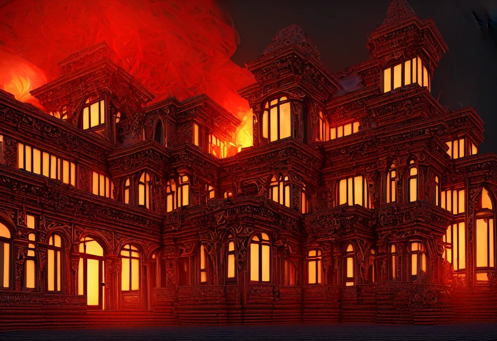 Prompt: symmetrical features, ominous, magical realism, texture, intricate, ornate, royally decorated, body format, windows, many doors, roofs, complete house, whirling smoke, embers, red adornements, red torn fabric, radiant colors, fantasy, trending on artstation, volumetric lighting, micro details, 3 d sculpture, ray tracing, 8 k