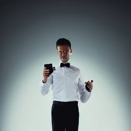 Prompt: man in a black suit, holding a very advance phone, photorealistic, realistic, dramatic, cinematic, cinematic, photography, sci fi