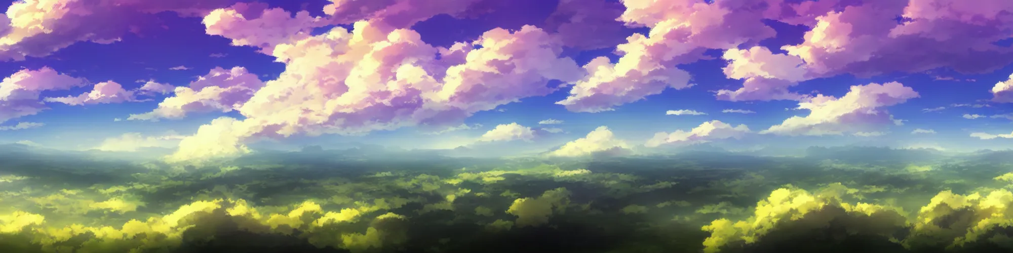 Image similar to panorama view of the sky. matte painting, anime, studio ghibli. professional digital painting, artstation, concept art, smooth, beautiful, cinematic. no mountains and trees.