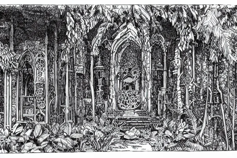 Prompt: ink illustration of a temple complex in a jungle clearing, gothic revival architecture