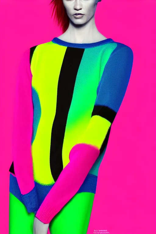 Image similar to stylish pullover for a rave bright colors, many details, photo for a magazine, photo for a store, fashion photography, Vogue, cinematic, hyper realism, high detail, 8k, very coherent symmetrical work, perfect face model, full length photo, Upper and lower body,Soft shadows on the face, white eyes, photographer style by Nik Night Erik Madigan Hec and Walter Chin and Camilla Akrans and Miles Aldridge