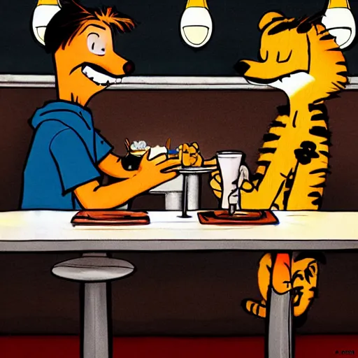 Image similar to calvin and hobbes in a diner, overhead lighting