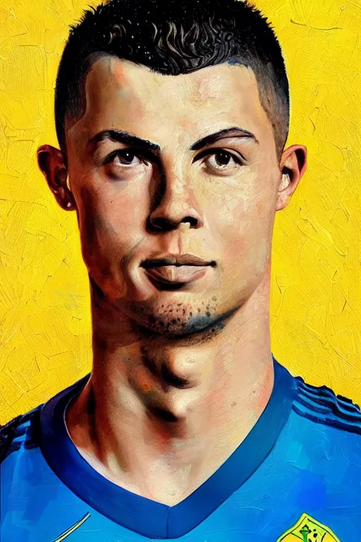 Prompt: portrait of ronaldo holding a soccer ball, wearing the yellow brazil soccer shirt, shaved head, painting by rembrandt, high quality, very beautiful, detailed, 4 k