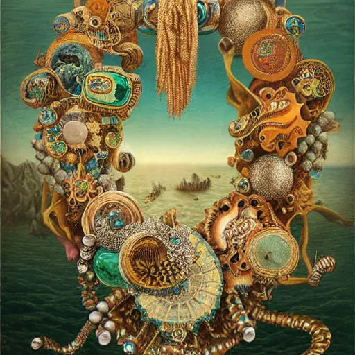 Prompt: maximalist elaborate necklace on the ocean ground. seen from the distance. with a lot of little details. childrenbook scientific illustration in soft natural tones. hd hyperdetailed octane. matte paper background. in the style of ulriko - e and botticelli and national geographic and ernst haekel and daniel martin diaz