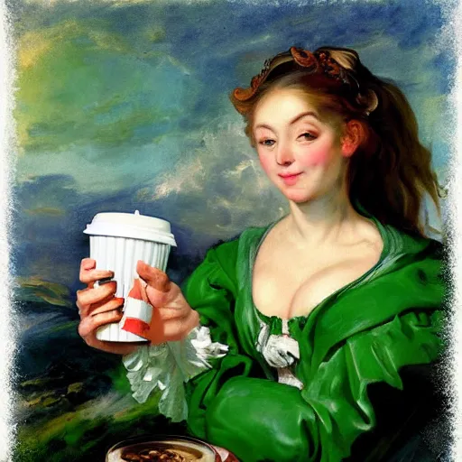 Image similar to heavenly summer sharp land sphere scallop well dressed lady holding a tall starbucks paper coffee cup, auslese, by peter paul rubens and eugene delacroix and karol bak, hyperrealism, digital illustration, fauvist, tall starbucks paper coffee cup, green coffee logo