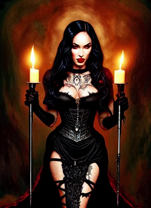 Image similar to megan fox witch queen, black eyes, blood, full body, intricate victorian dress, middle shot, cinematic lighting, studio quality, symmetrical eyes, artgerm, joshua middleton, rafael albuquerque, moody lighting, candles, art style by klimt, nixeu and ian sprigger and wlop and krenz cushart