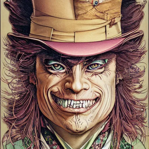 Image similar to portrait of the mad hatter, symmetrical, by yoichi hatakenaka, masamune shirow, josan gonzales and dan mumford, ayami kojima, takato yamamoto, barclay shaw, karol bak, yukito kishiro