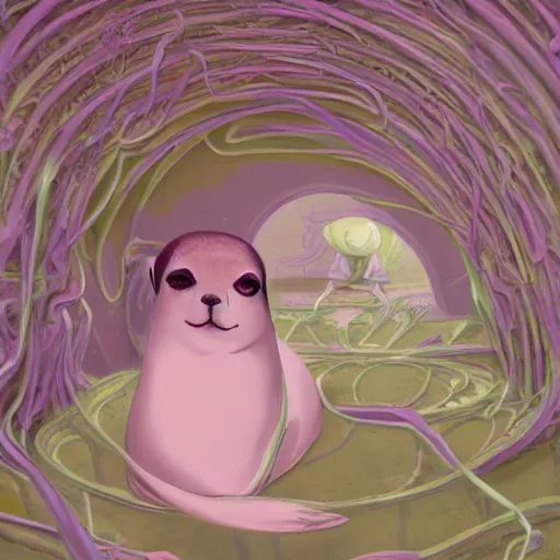 Image similar to Prince in pastel!!!, whimsical acrylic modern pop surrealism, Even Giger-y dark overlords living in the ruins of an ancient system of tunnels and caves like to be comfy every once in a while!, A seal sleeping peacefully in a kelp forest, cinematic, hyper realistic, detailed, 8k, octane render.