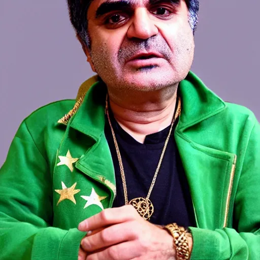 Image similar to jafar panahi wearing a green tracksuit and gold necklace with large star shaped gold medallion