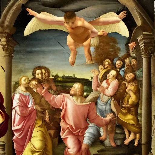 Prompt: renaissance painting of a sinister flying cat
