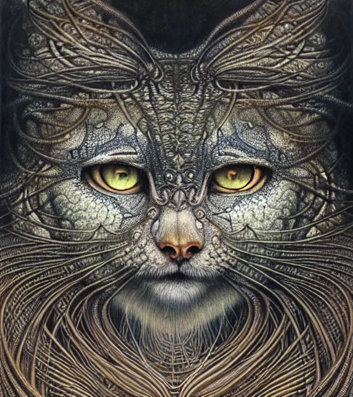 Image similar to detailed realistic beautiful manul goddess face portrait by jean delville, gustave dore, iris van herpen and marco mazzoni, art forms of nature by ernst haeckel, art nouveau, symbolist, visionary, gothic, neo - gothic, pre - raphaelite, fractal lace, intricate alien botanicals, ai biodiversity, surreality, hyperdetailed ultrasharp octane render