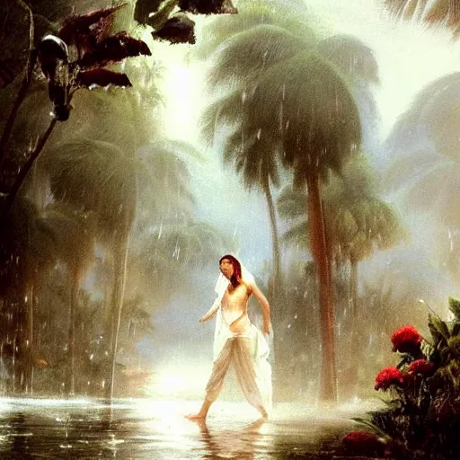 Image similar to monsoon on tropical island, oriental goddess in white, elegant, frontal, ornate, beautiful, atmosphere, vibe, mist, coconuts, rain, wet, pristine, puddles, melting, dripping, snow, creek, lush, ice, bridge, forest, roses, flowers, by stanley artgerm lau, greg rutkowski, francisco de goya