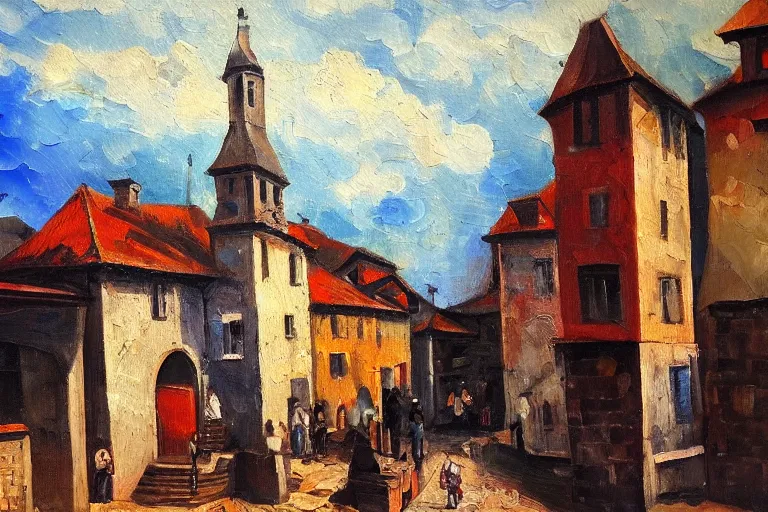 Prompt: middle ages town, oil painting, oil in canvas, brushstrokes