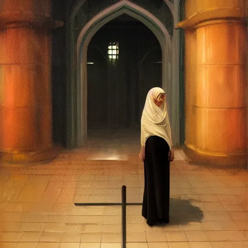 Image similar to detailed face of a woman, moment, courtyard, capital, cyberpunk mosque interior, control panel, watcher, omniscient, tech noir, wet reflections, neon, atmospheric, ambient, speed painting, livia prima, greg rutkowski, edward hopper