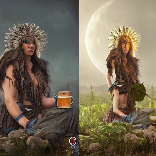 Image similar to spartan shaman drinking tea with trichocereus background and smoke haze, full moon, wolf, photo in the style of the celestine prophecy, wlop, artgerm, greg rutkowski and alphonse mucha