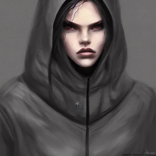 Prompt: Woman wearing hoodie, dark, menacing, artstation, digital art