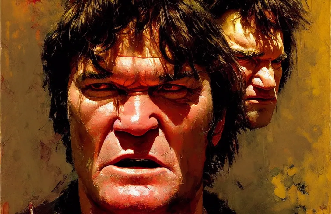 Image similar to portrait of quentin tarantino!!!!!!!!!!!!!!!!!!!!!!!!!!!, detailed face, detailed painting,, epic lighting, by ilya repin, phil hale and kent williams